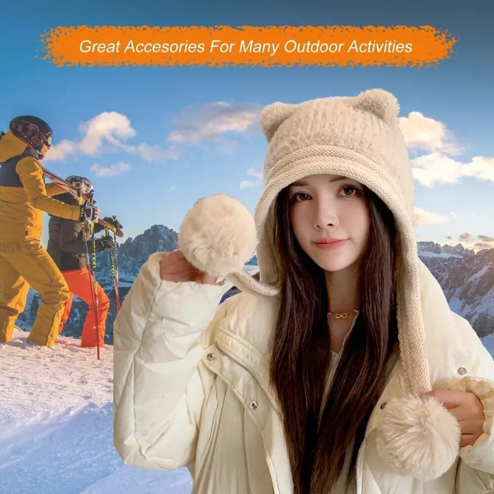 Women Creame Winter Sherpa Beanie Hats Knit Ear Flaps Peruvian Cover Ears